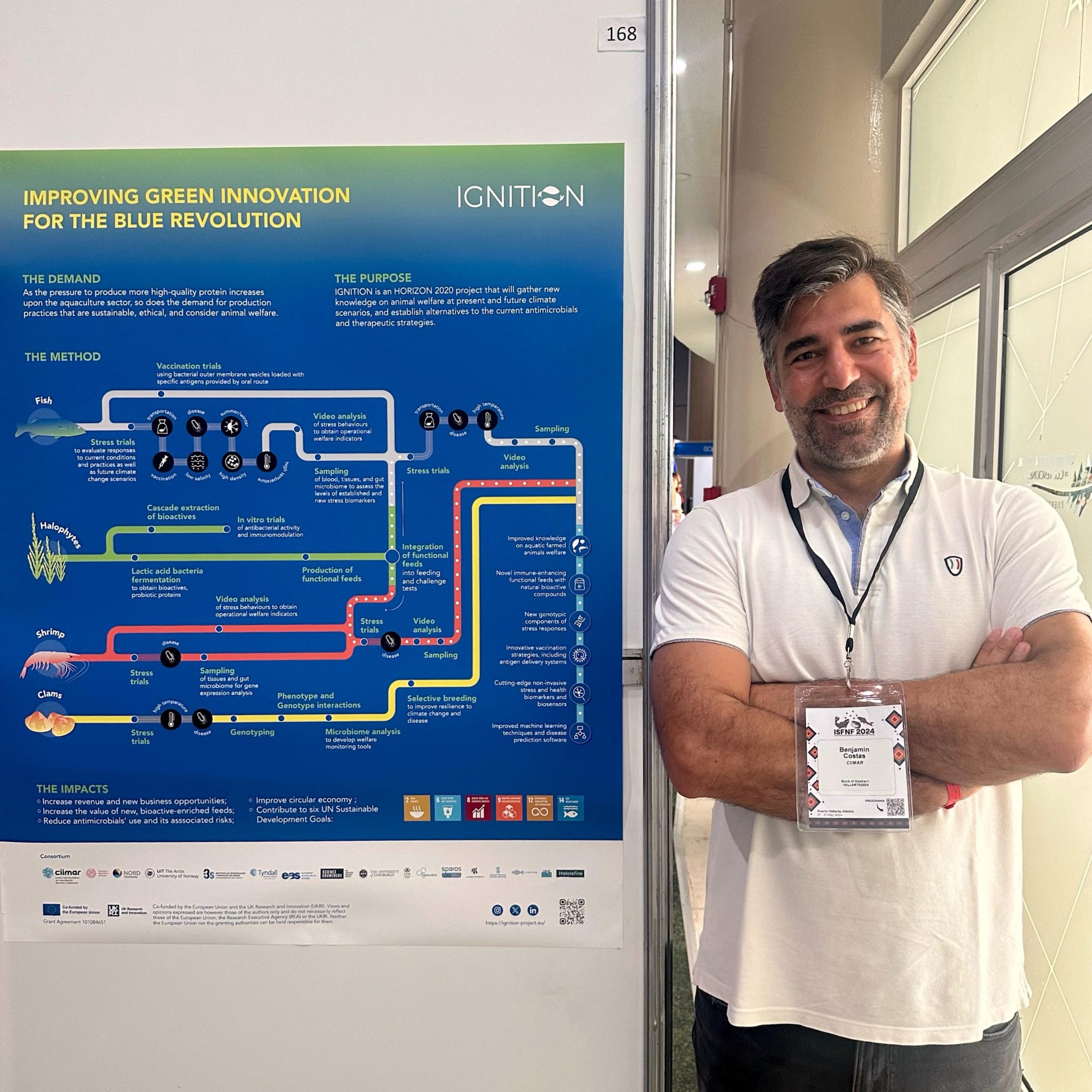 Scientific poster about the IGNITION project with project's coordinator Benjamin Costas next to it